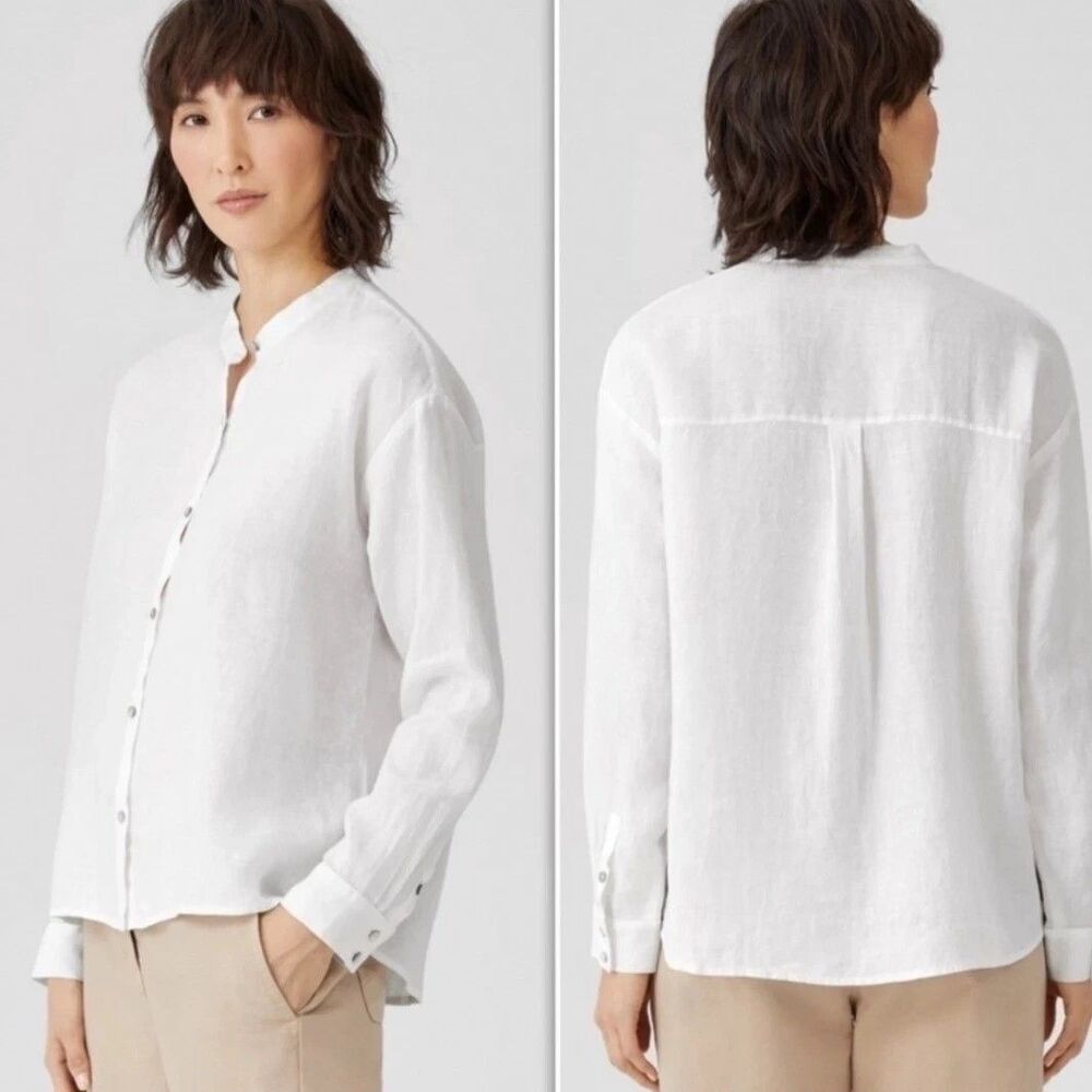 Eileen Fisher Organic Handkerchief Linen Band Collar Shirt Button Up White Sz M